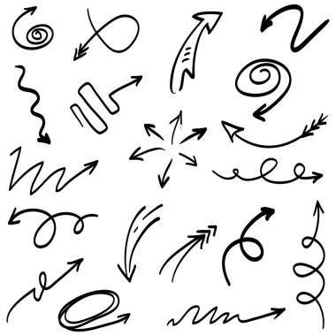 Elle çizilmiş oklar. Vektör karalama tasarım elementleri. İş bilgileri, afişler, web ve konsept tasarımı için beyaz arkaplan üzerine resim..