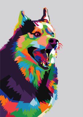 Renkli bir köpek kafası ve izole edilmiş pop sanat tarzı bir arka plan. WPAP biçimi