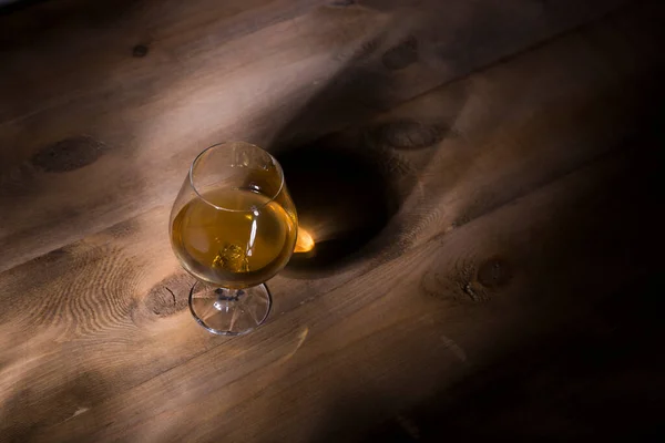 Glass Brandy Cognac Wooden Table — Zdjęcie stockowe