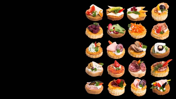 Many Different Canapes Black Background — Fotografia de Stock