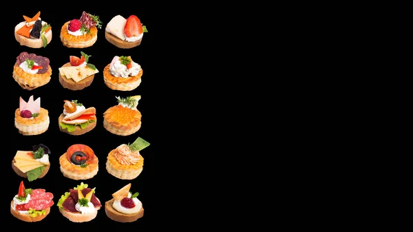 Many Different Canapes Black Background — Fotografia de Stock