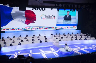 Emmanuel Macron Erivan Ermenistan 'daki Fransızca konuşan ülkelerin zirvesinde. 11 Ekim 2018: