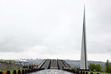 Yerevan, Armenia - April 24, 2019: The Honour Guard Battalion of the Ministry of Defense of Armenia near the Armenian Genocide memorial complex Tsitsernakaberd on April 24.