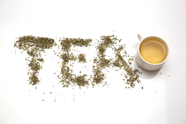 Draufsicht Auf Eine Tasse Grünen Tee Und Kräuter Die Das — Stockfoto