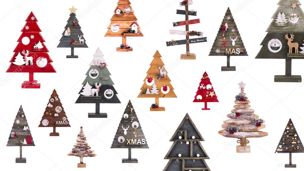 Decorative Christmas tree made of wood isolated on a white background