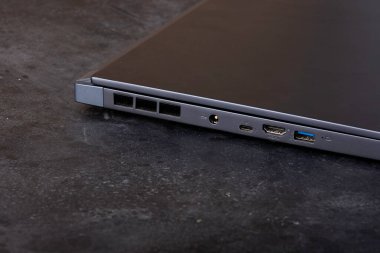 laptop close-up side view, laptop connectors close-up