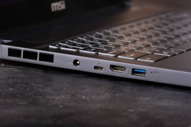 laptop close-up side view, laptop connectors close-up