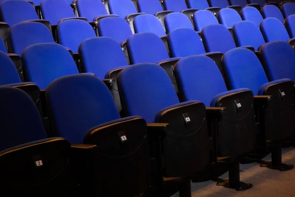 Close Shot Interior Cinema Auditorium Lines Blue Chairs Horizontal Shot —  Fotos de Stock
