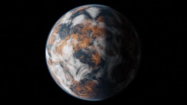 Yabancı gezegen. Gezegenin kendi ekseni etrafında tam devrim. Atmosferi ve bulutları olan bir gezegen. Kara uzayda izole edilmiş, yıldızsız. 3d oluşturma