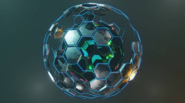 Mat cam ve parlak metal malzemelerle düzgün eğimli biçimlere dayanan küresel şekilli soyut sanat eserinin 3 boyutlu canlandırması