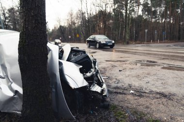 Ormanın kenarlarında terk edilmiş kaza yapan bir araba. 