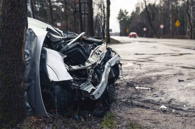 Hurdalık, Varşova ormanında kaza yapmış bir hatchback 'in ön tamponunu kullan 