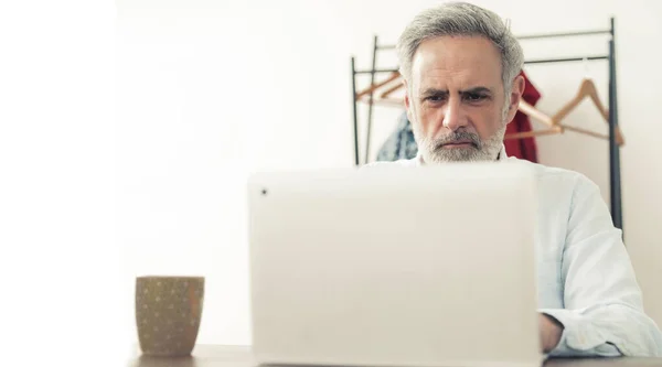 Grijs harig bebaarde mannelijke enterprenuer in zijn veertiger jaren werken op de computer in zijn kantoor - witte achtergrond — Stockfoto