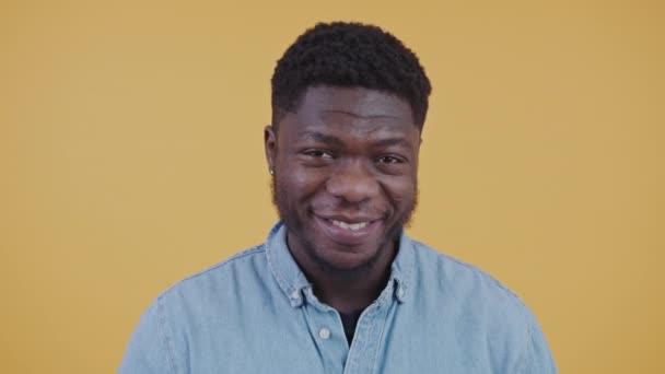 魅力的なアフリカ系アメリカ人男性笑顔へザカメラシャーク彼の頭に触れ顎水平ビデオ絶縁されたスタジオコピースペース — ストック動画