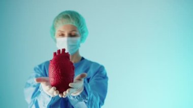 Cerrah, tıbbi eldivenlerle yapay kırmızı kalbi tutarak karmaşık kalp hastalıkları prosedürüne hazırlanıyor.
