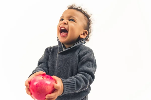 Petit garçon frisé afro-américain regardant vers le haut riant et tenant un grand studio de pomme rouge tourné moyen gros plan blanc espace de copie de fond — Photo