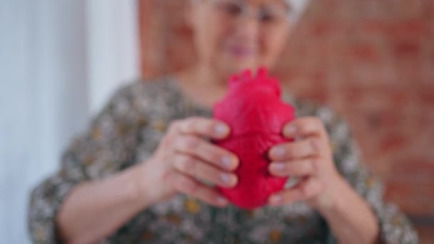 Coração vermelho artificial realizada na frente do peito das avós por mãos idosas doença, prevenção, cardiovascular — Vídeo de Stock