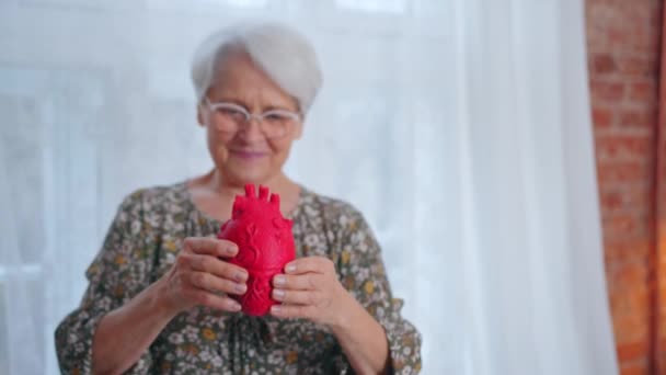 Osoby starsze trzymające sztuczne serce przypominające o problemach zdrowotnych, chorobach i chorobach układu krążenia — Wideo stockowe