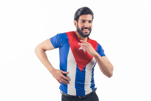 Mitten skott av och kubanska Salsa Dancer klädd i Kuba flagga T-shirt - Dans Lektioner - isolerad studio skott — Stockfoto