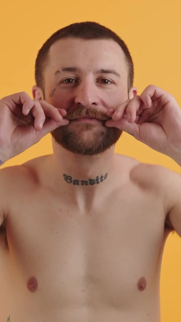 Snygg ung europeisk skjorta man med skägg uträtning hans mustasch med händer medium närbild studio sköt orange bakgrund vertikal video — Stockvideo