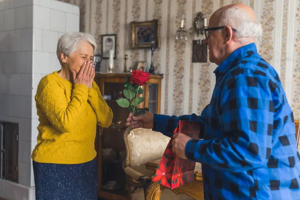 Happy birthday. Senior retired gentleman surprising his moved senior wife with beautiful red rose and a present to celebrate her birthday. Vintage interior. — Stockfoto