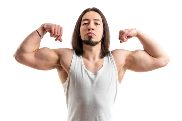 Millennial European sportsman shows muscles and keeps his head high studio shot medium shot isolated white background indoors copy space — Stockfoto