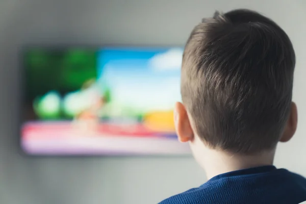 little boy watching cartoon on TV closeup shot from behind TV addiction concept indoors