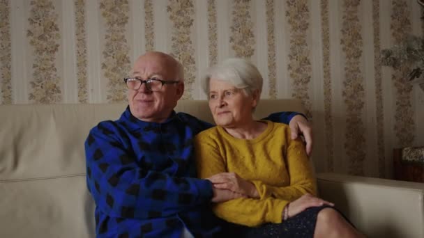 Kanepede oturan sevimli son sınıf Avrupalı çift. Yaşlılar konsepti destekliyor. Orta sınıf çekim odası geçmişi. — Stok video