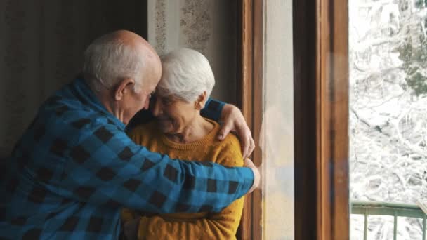 Elderly Caucason couple hugging head to head and together looking at the winndow, slowmo — Stockvideo