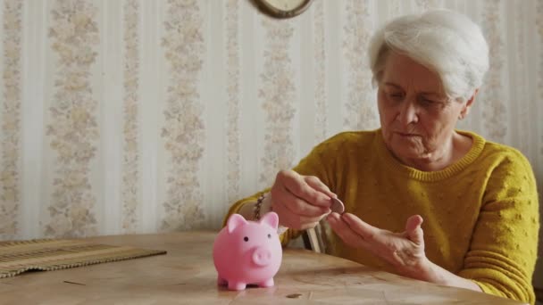 Senior woman counting and throwing coins into the piggy bank — Stockvideo