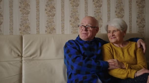 Lovely senior Caucasian couple sitting on sofa and looking glad senior people support concept medium shot room background — Wideo stockowe