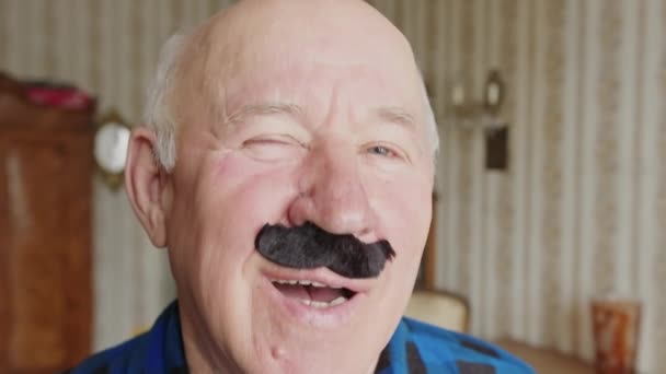 Mature Caucasian man having fake moustache on winks and shakes his head closeup — Stock Video