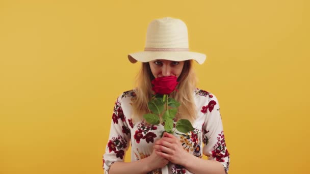 Studio shot of a pretty young cheerful woman with blonde hair in a fair hat and a floral blouse, standing and smelling a giant red rose. Valentines concept — 비디오