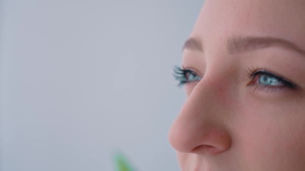 Extreme close-up shot of a female face in her 30s with pale complexion, blue pretty eyes, painted black eyelashes and light-brown brows. — Stock Video