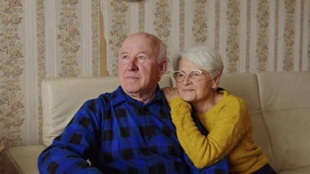 Szczęśliwy biały seniorzy para relaks w salonie średni strzał wewnątrz seniorzy wsparcie koncepcja — Wideo stockowe