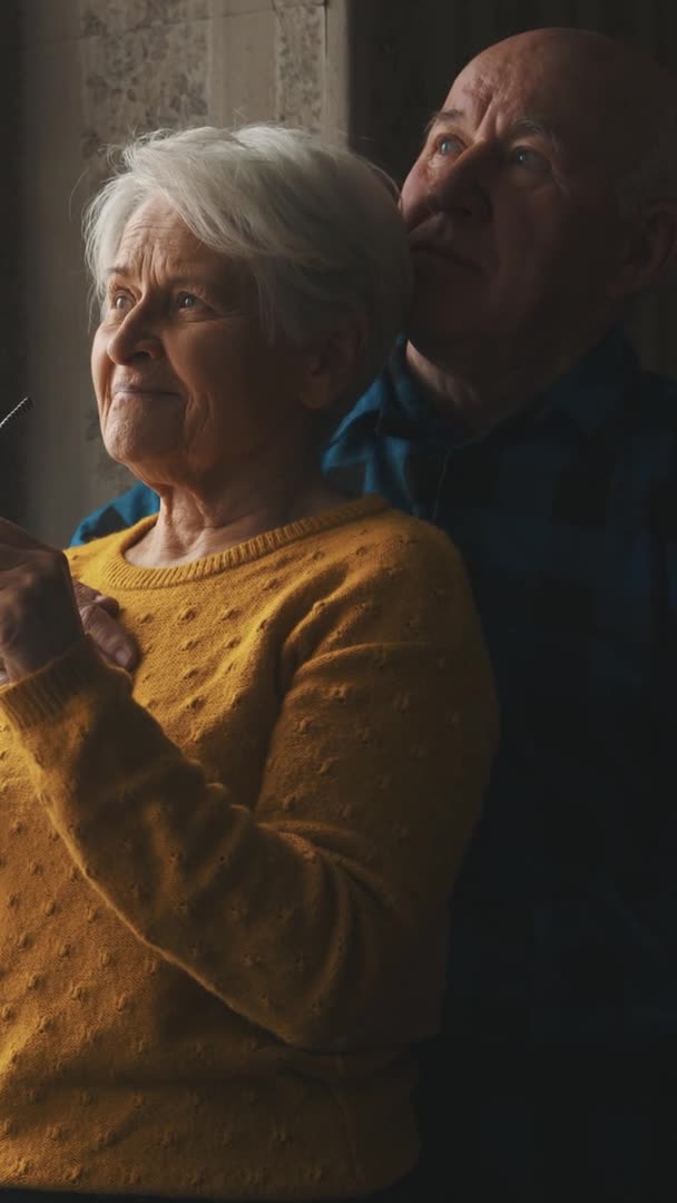 Vertikales Video eines netten, fröhlichen Senioren-Paares Medium Shot Indoor Senioren unterstützen Konzept — Stockvideo