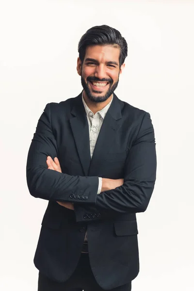 Vertical shot of young businessman in a black suit who is laughing looking at the camera, vertical shot isolated — Stock Photo, Image