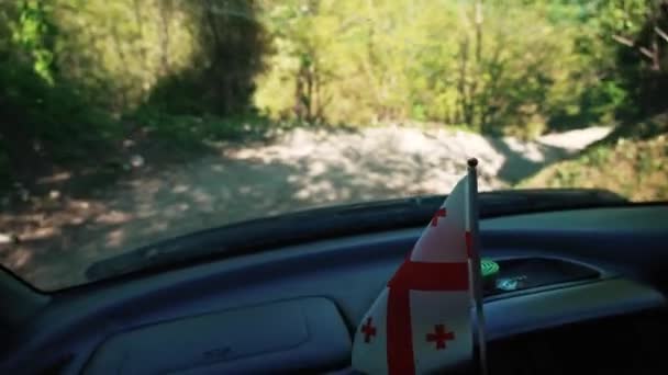 Coche con una bandera georgiana en el interior moviéndose en un camino estrecho pedregoso rodeado de los árboles en el campo — Vídeo de stock