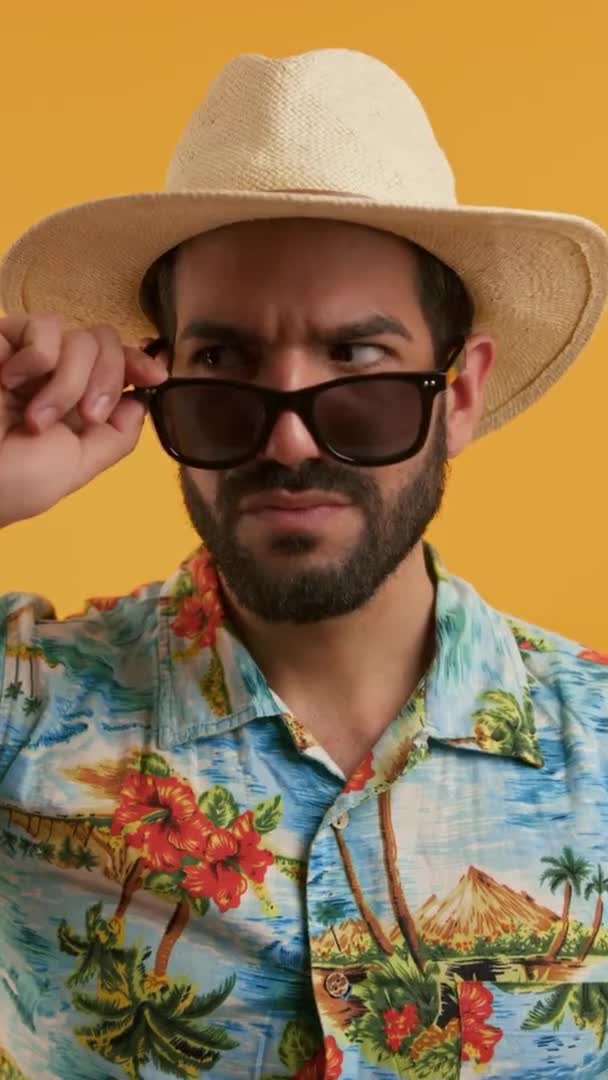 Vertical Studio Shot Serious Surprised Bearded Cuban Guy Shirt Palms — Stock Video