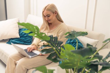 Kanepede oturmuş dizüstü bilgisayarında yazı yazan sarı saçlı, beyaz, mutlu, çekici bir kızın iç çekimi. Uzaktan çalışma konsepti. Yüksek kalite fotoğraf