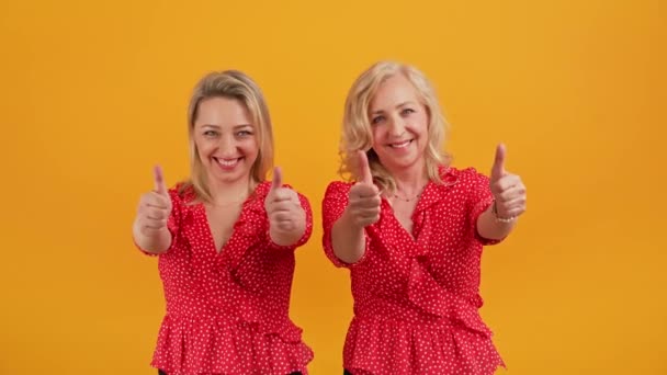 Twee Europese Vrolijke Vrouwen Met Duimen Omhoog Teken Lachen Medium — Stockvideo