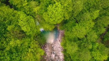 Küçük bir şelalenin yükselen görüntüsü ve yeşil ormandaki göl, hava. Yüksek kalite 4k görüntü