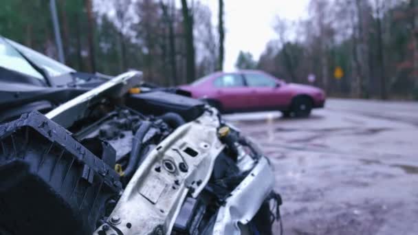 2022 Warsaw Poland Car Crash Forest Highway One Damaged Vehicle — Stock Video