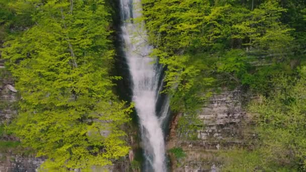 森の崖の上に長い滝の空中ビュー 高品質4K映像 — ストック動画