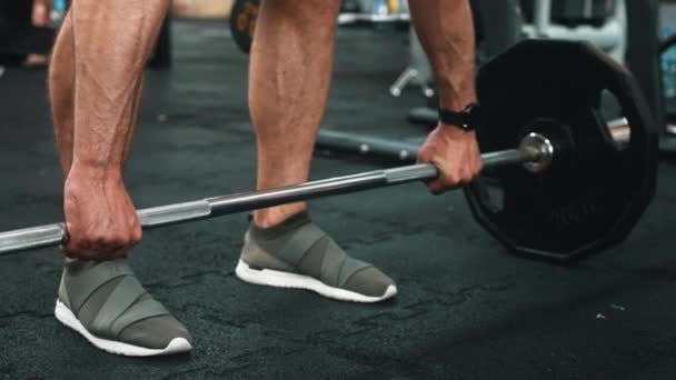 Closeup Portrait Legs Caucasian Person Sports Shoes Lifting Weight Bar — Stock Video
