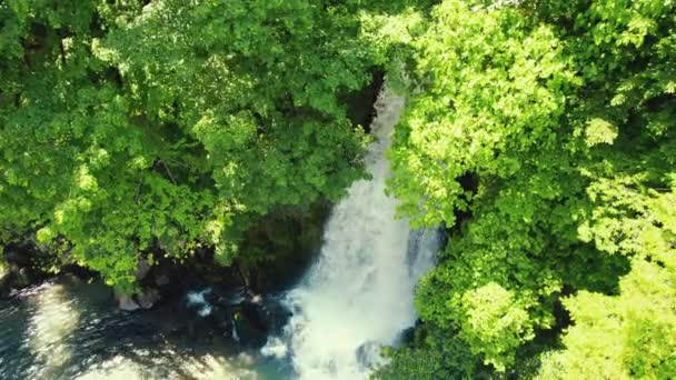 Pintoresco Tiro Dron Una Pequeña Hermosa Cascada Cubierta Árboles Imágenes — Vídeos de Stock
