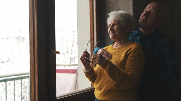 Starší Muž Objímající Svou Ženu Před Středními Dveřmi Zastřelil Seniory — Stock video