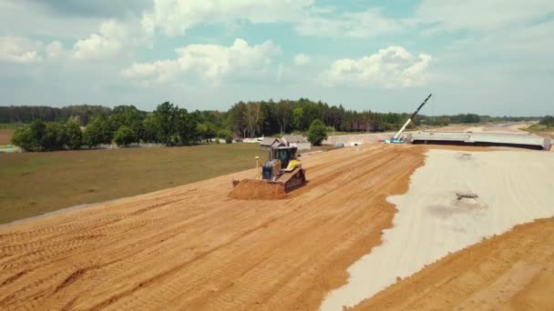 Veduta Aerea Drone Paesaggio Con Dozer Sabbia Che Lavora Cantiere — Video Stock