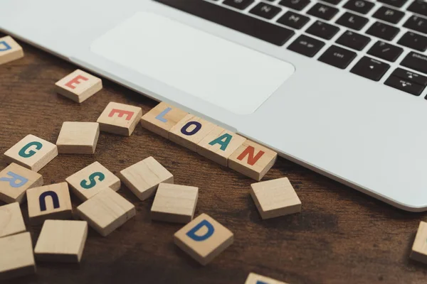 Metaphorical Loan Concept Wooden Word Game Puzzles Table Next Gray — Stock Photo, Image