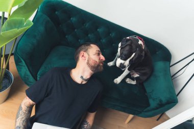 Erkek Kafkasyalı serbest çalışan kucağında dizüstü bilgisayarla yerde otururken amstaff köpeği onu orta sahada seyrediyor. Yüksek kalite fotoğraf